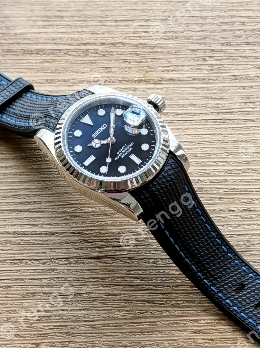 36mm Fluted Seiko Black Blue Mod Dress Watch Sapphire